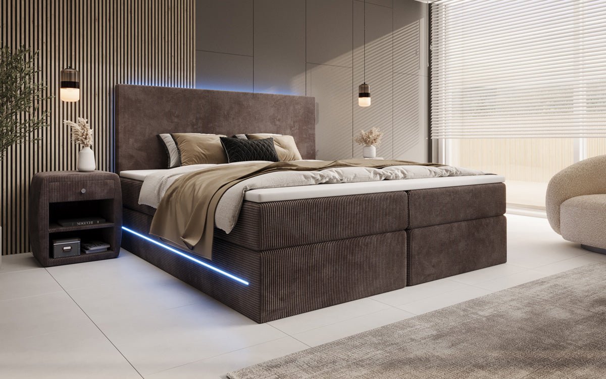 Boxspringbett Voyage mit LED u. Stauraum in Cord