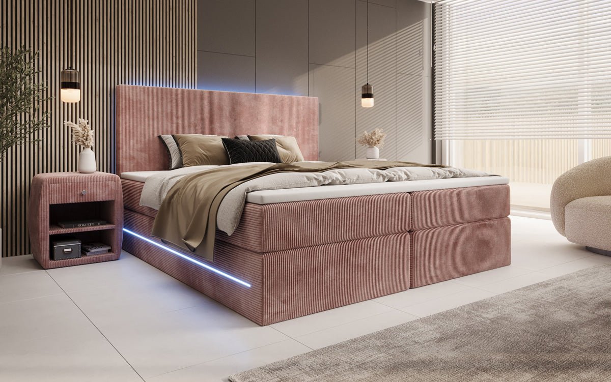 Boxspringbett Voyage mit LED u. Stauraum in Cord