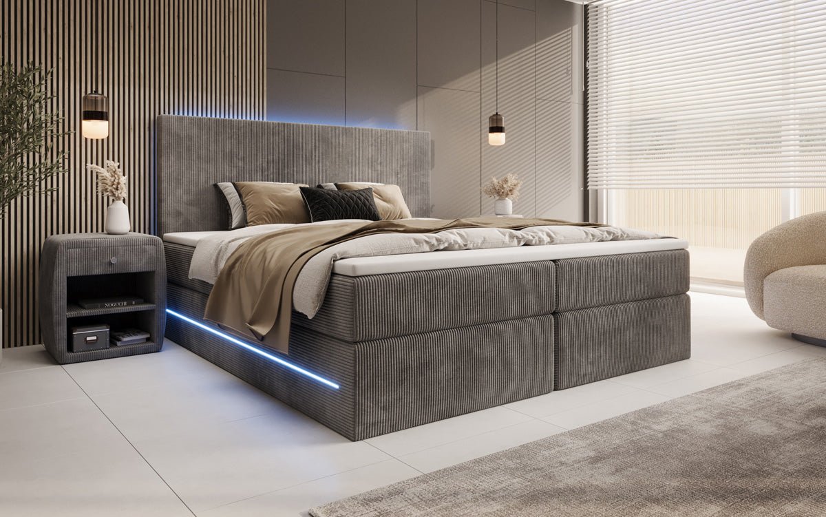Boxspringbett Voyage mit LED u. Stauraum in Cord