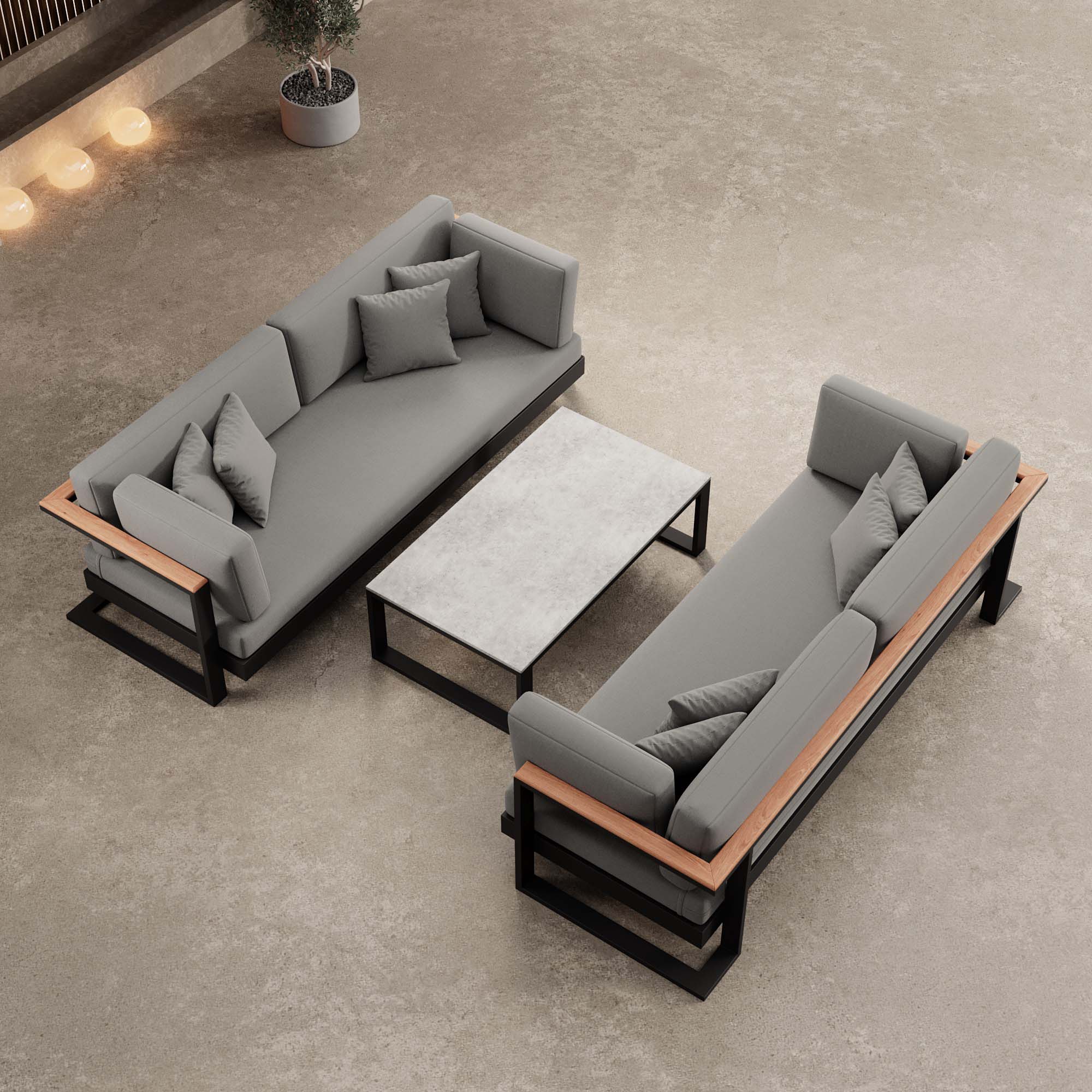 Vayla – 2 Zweisitzer & Tisch aus schwarzem Aluminium | Aevora™ Kollektion