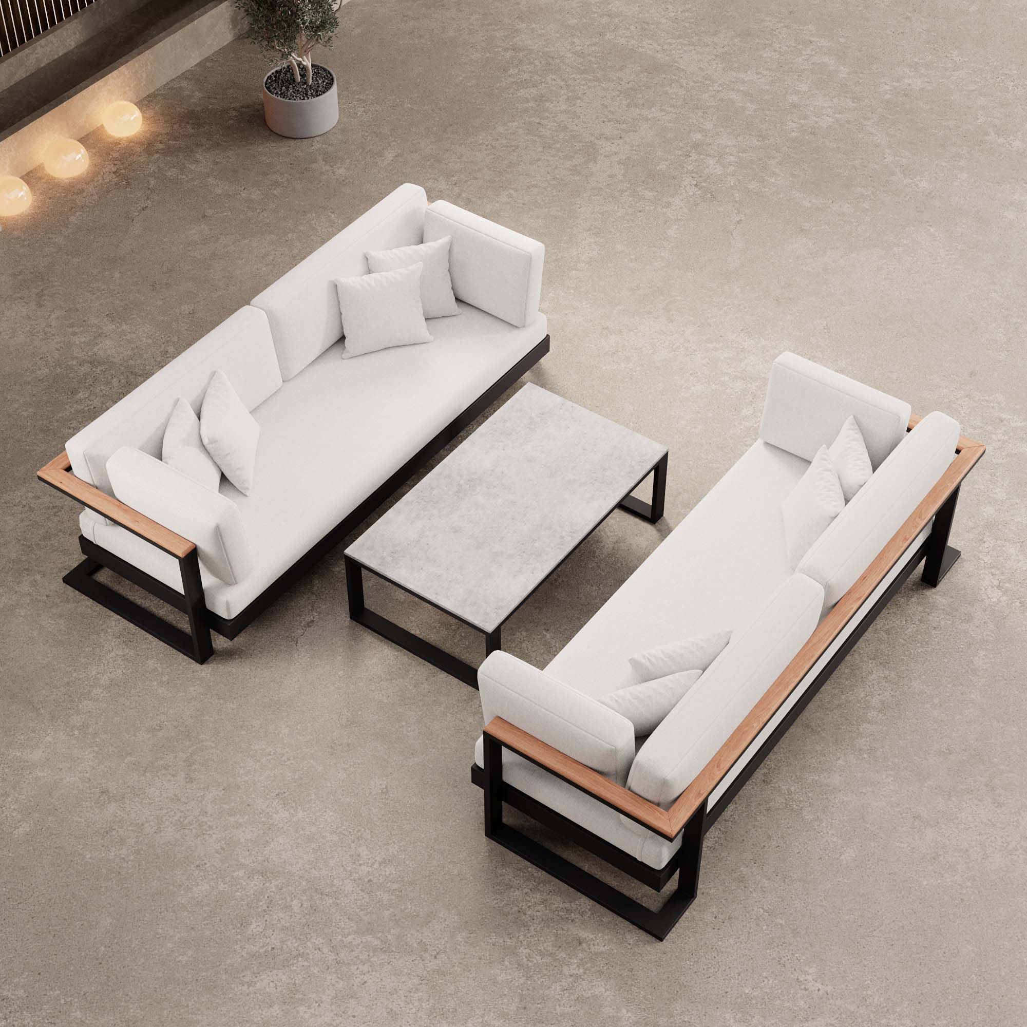 Vayla – 2 Zweisitzer & Tisch aus schwarzem Aluminium | Aevora™ Kollektion