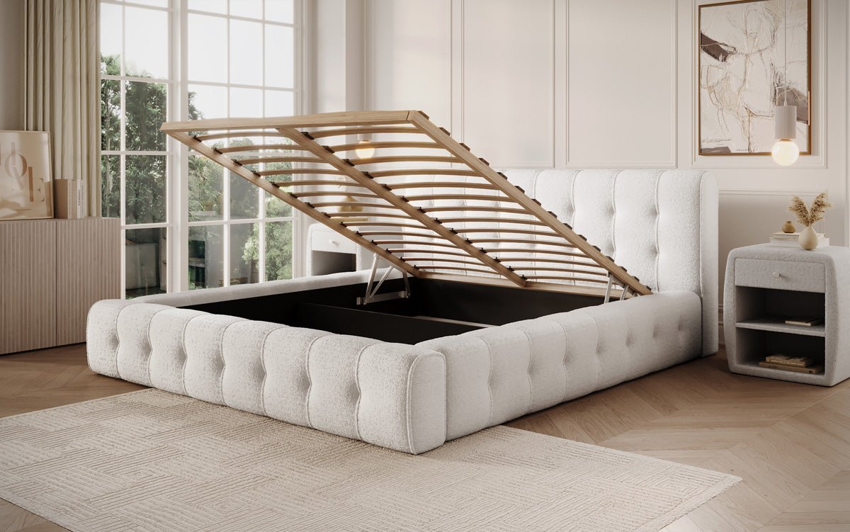 Designer Polsterbett Lena in Bouclé mit Stauraum