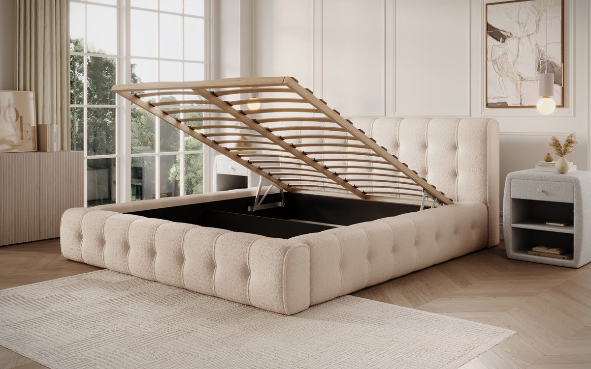 Designer Polsterbett Lena in Bouclé mit Stauraum