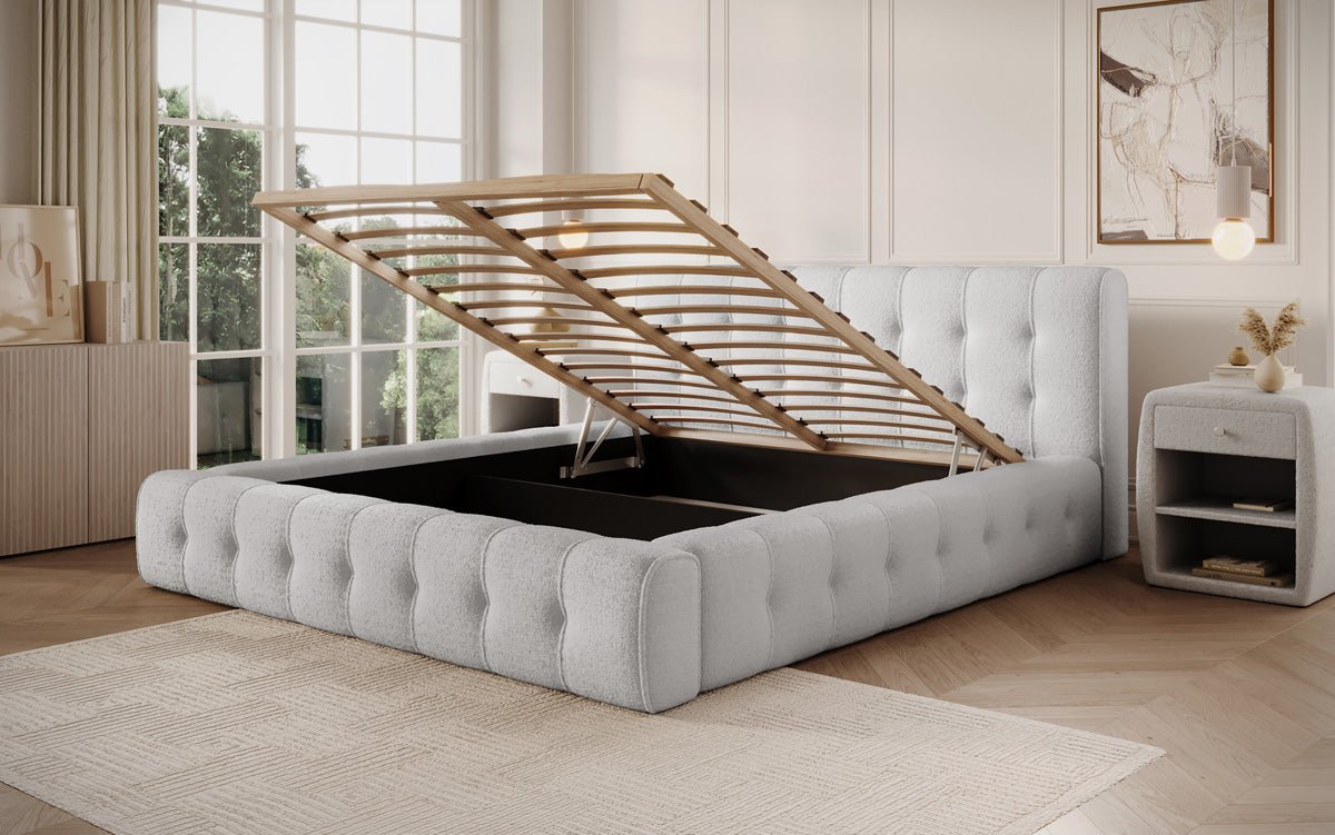 Designer Polsterbett Lena in Bouclé mit Stauraum