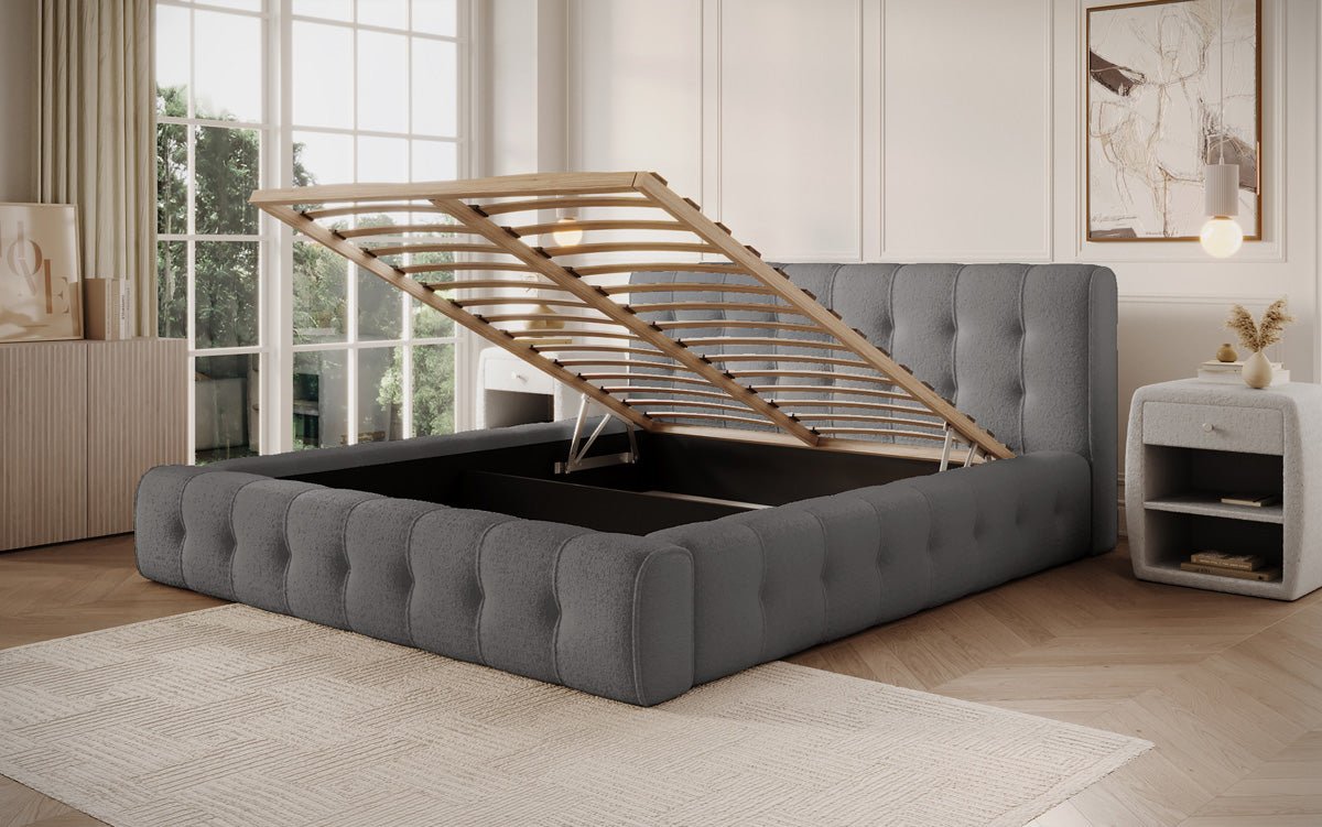 Designer Polsterbett Lena in Bouclé mit Stauraum