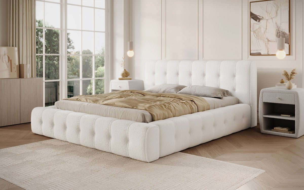 Designer Polsterbett Lena in Bouclé mit Stauraum