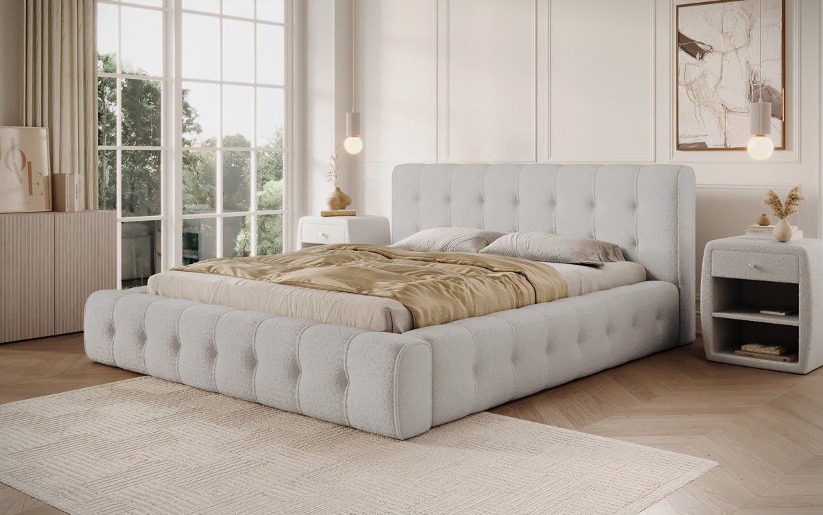 Designer Polsterbett Lena in Bouclé mit Stauraum