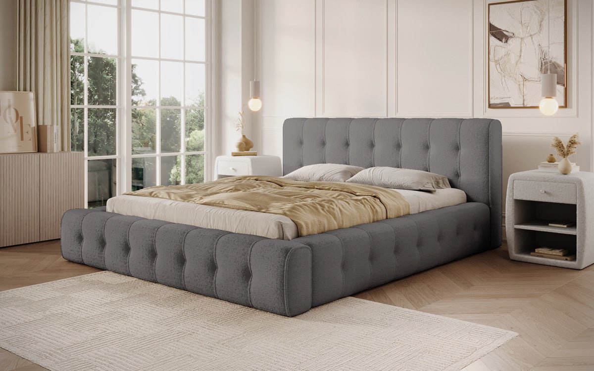 Designer Polsterbett Lena in Bouclé mit Stauraum