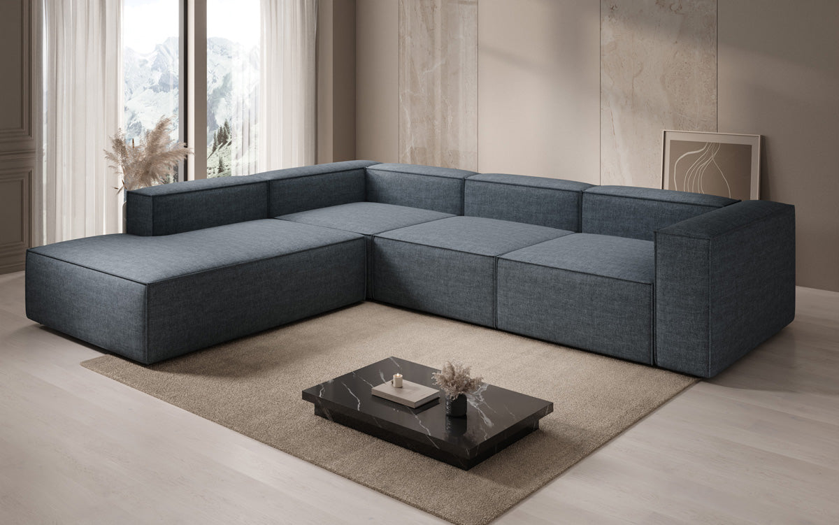 Designer Ecksofa Lesley mit langer Ottomane in Leinen-Optik