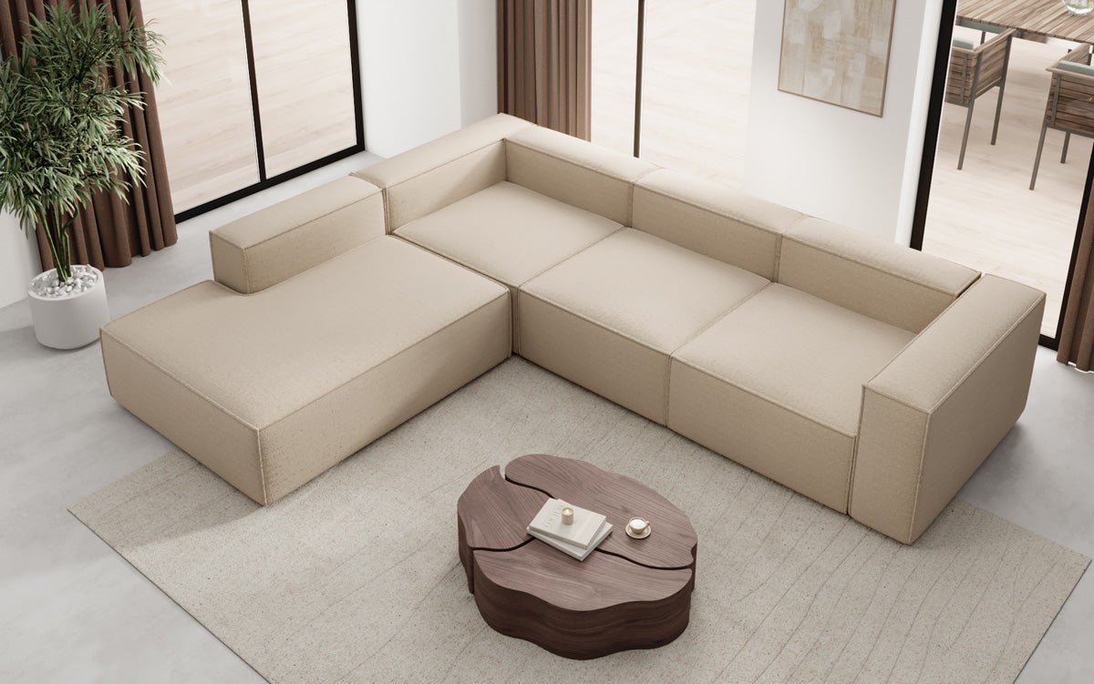 Designer Sofa Lesley L mit langer Ottomane in Bouclé