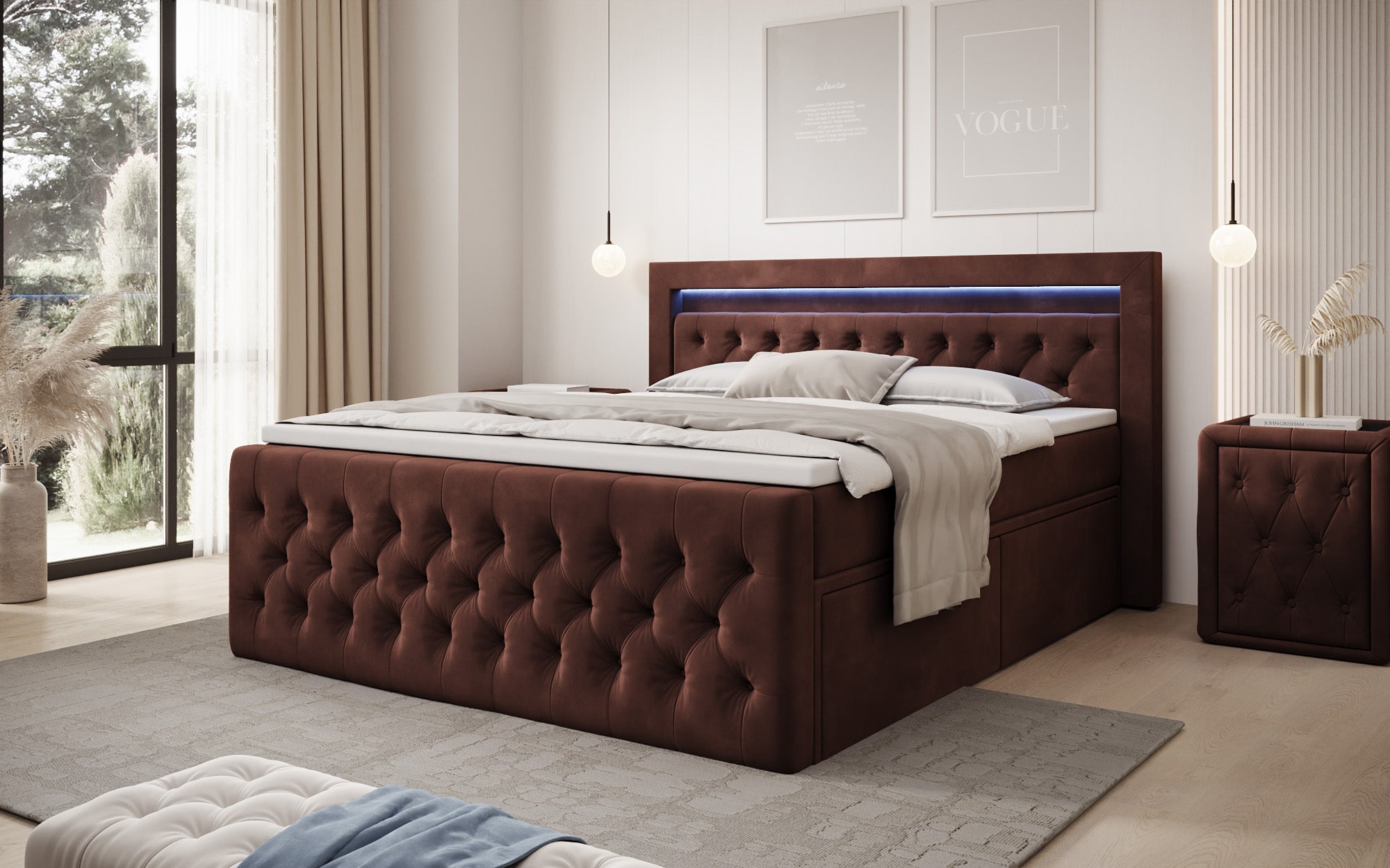 Boxspringbett Menzogna Samt mit LED und Stauraum (2 Schubladen)