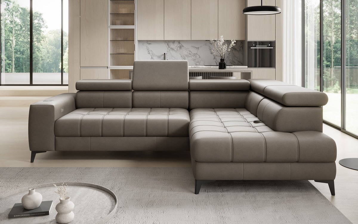 Designer L Sofa Seluna mit elektrischer Schlaffunktion, Induktion und Stauraum in Echtleder