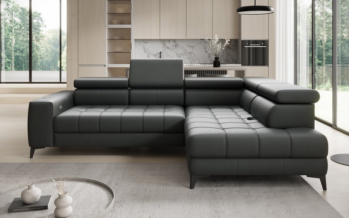 Designer L Sofa Seluna mit elektrischer Schlaffunktion, Induktion und Stauraum in Echtleder