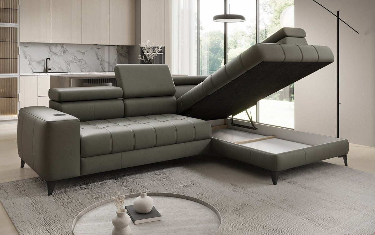 Designer L Sofa Seluna mit elektrischer Schlaffunktion, Induktion und Stauraum in Echtleder