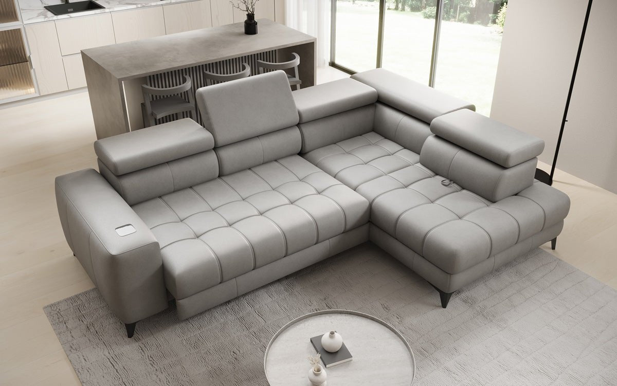 Designer L Sofa Seluna mit elektrischer Schlaffunktion, Induktion und Stauraum in Echtleder