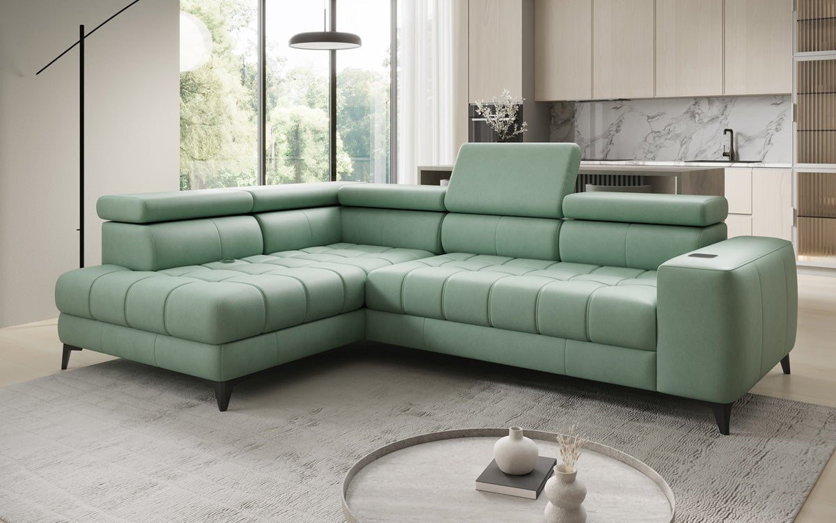 Designer L Sofa Seluna mit elektrischer Schlaffunktion, Induktion und Stauraum in Echtleder
