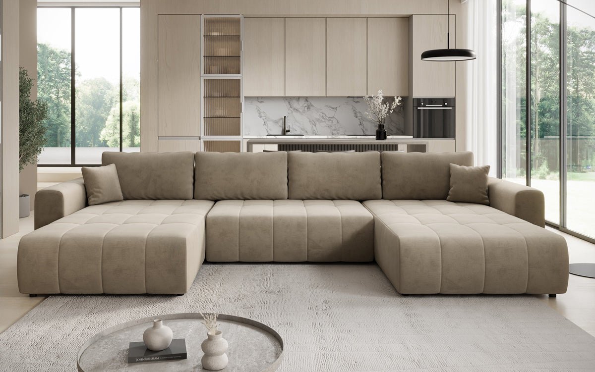 Designer Sofa Leveno U mit Schlaf- und Klappfunktion in Samt