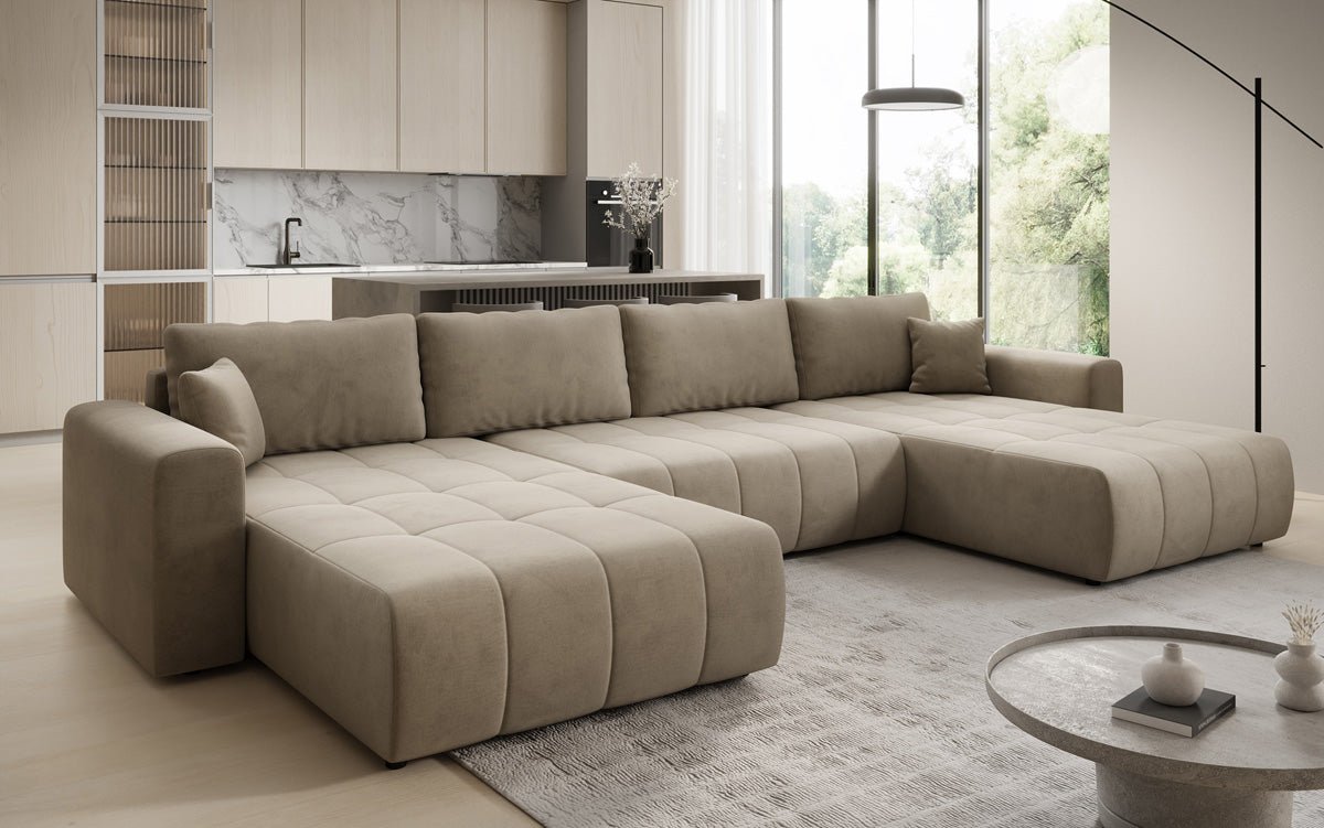 Designer Sofa Leveno U mit Schlaf- und Klappfunktion in Samt