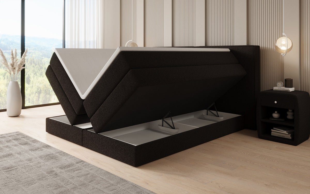 Boxspringbett Ophelia mit hochklappbarem Stauraum in Teddy Bouclé