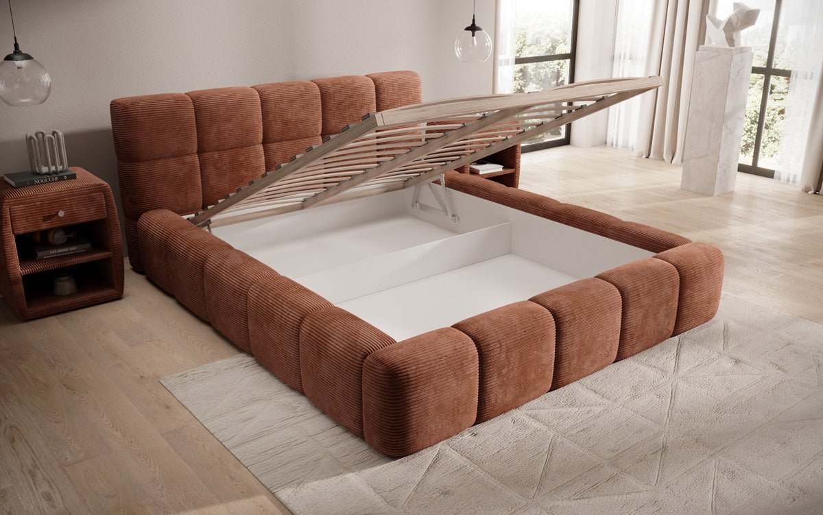 Designer Polsterbett Nox in Cord mit Stauraum