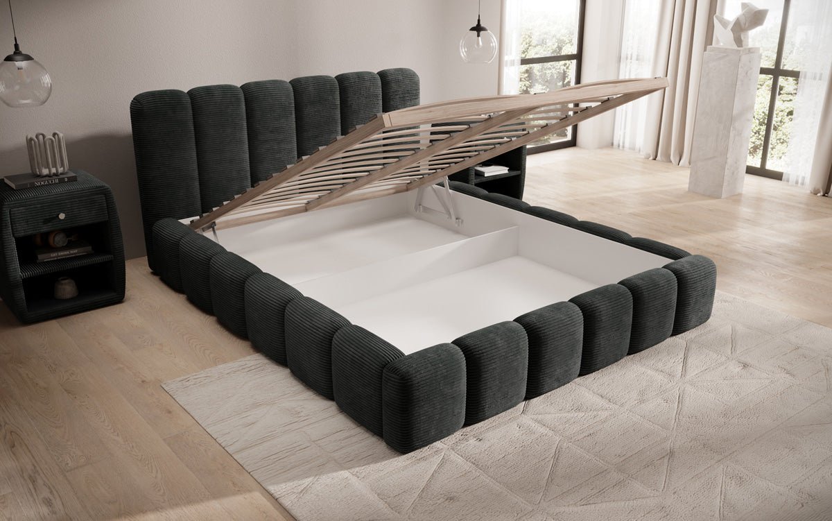 Designer Polsterbett Tevara in Cord mit Stauraum
