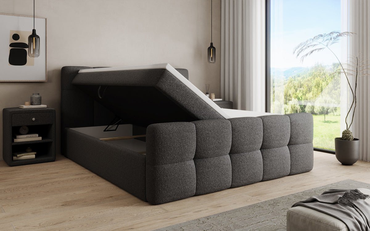 Boxspringbett Cozy in Teddy Bouclé mit Stauraum