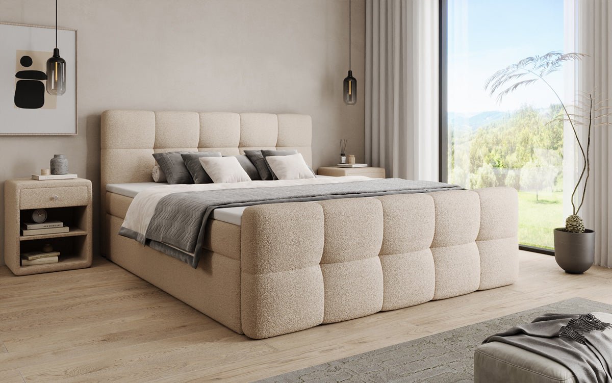 Boxspringbett Cozy in Teddy Bouclé mit Stauraum