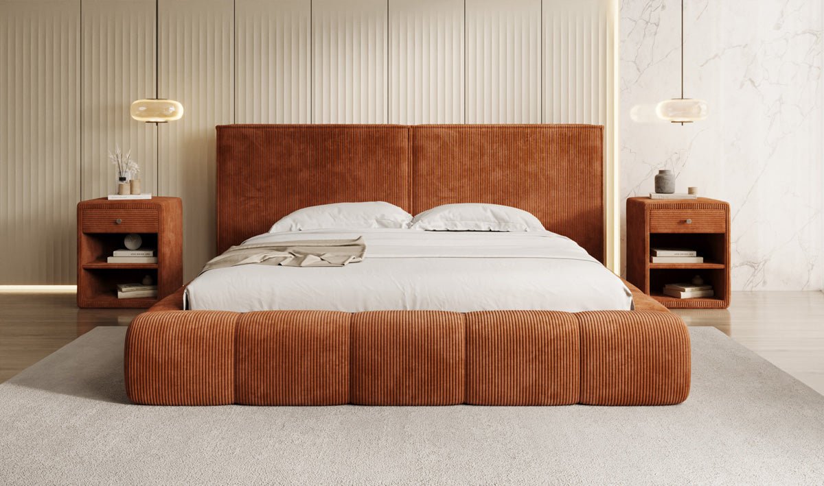 Designer Polsterbett Elise in Cord mit Stauraum