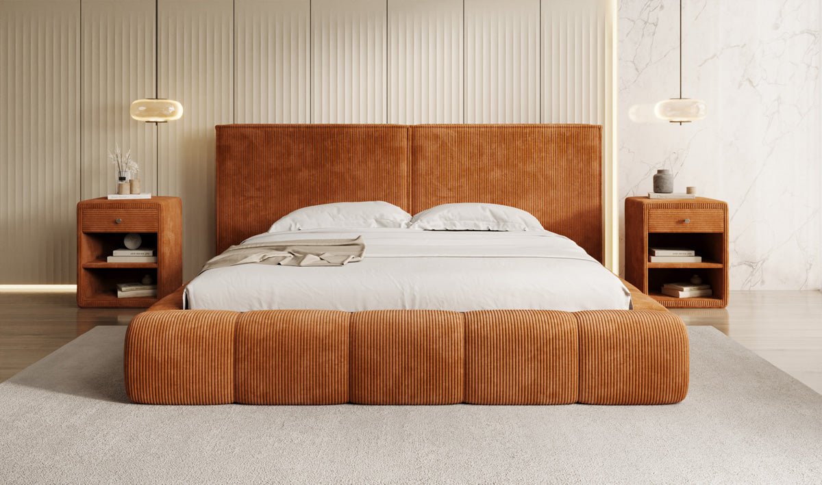 Designer Polsterbett Elise in Cord mit Stauraum
