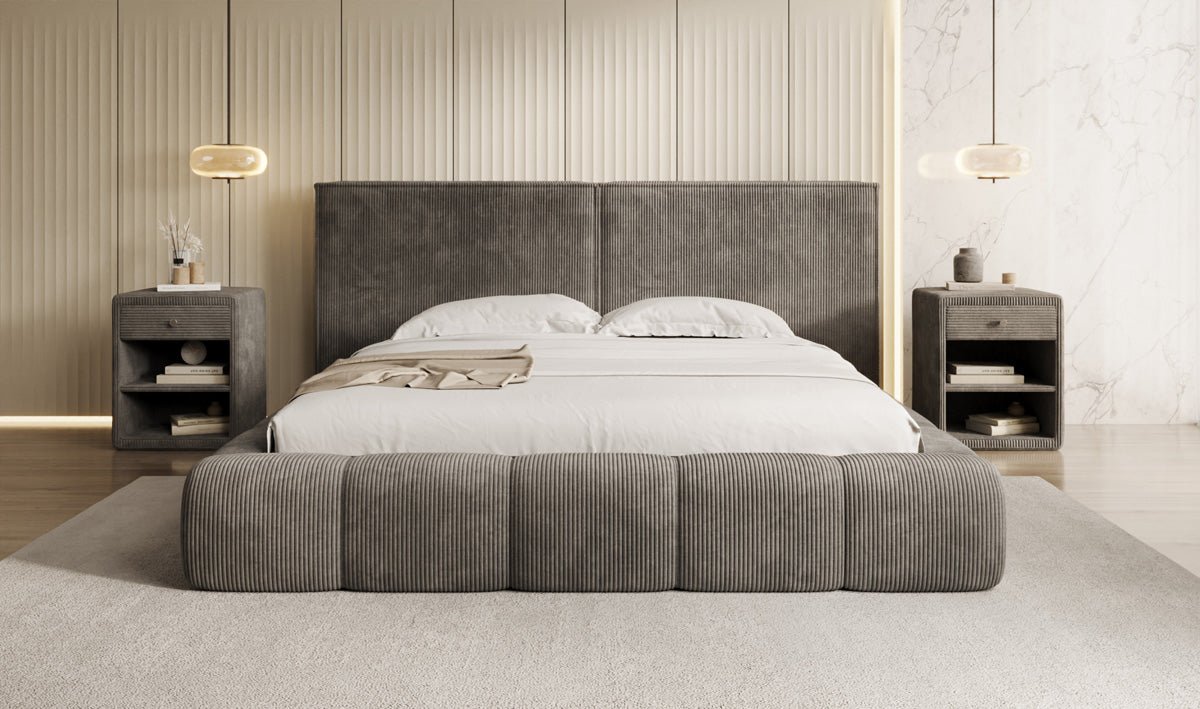 Designer Polsterbett Elise in Cord mit Stauraum