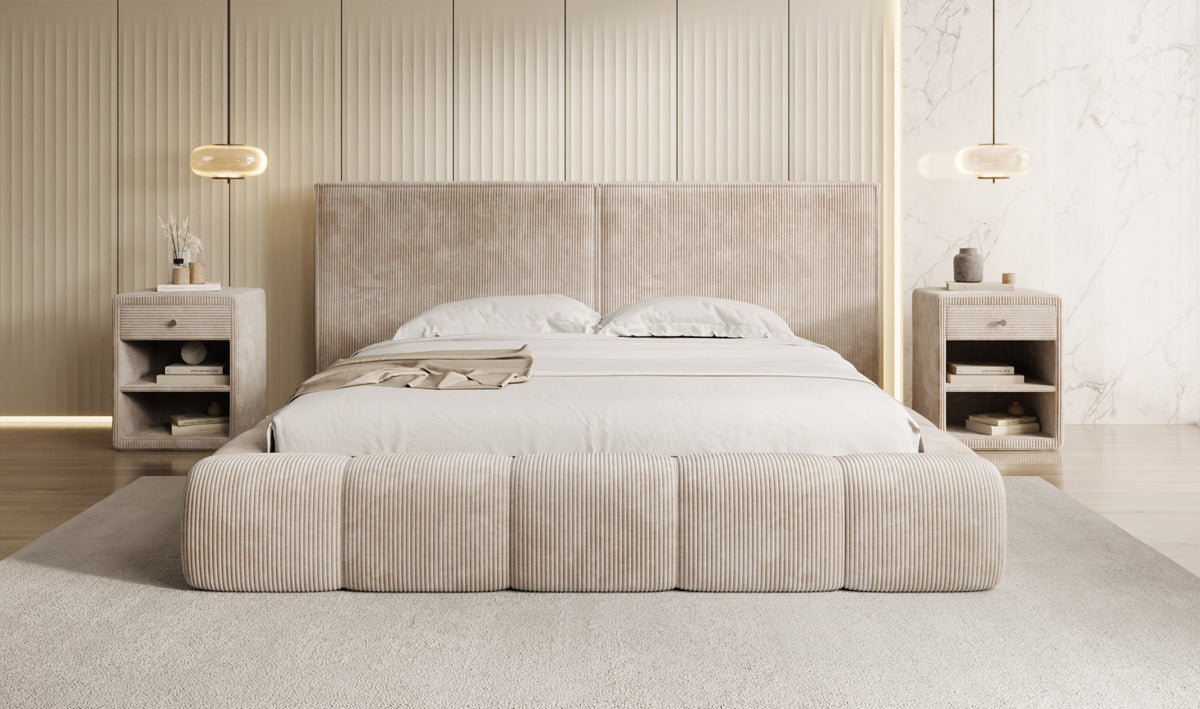 Designer Polsterbett Elise in Cord mit Stauraum