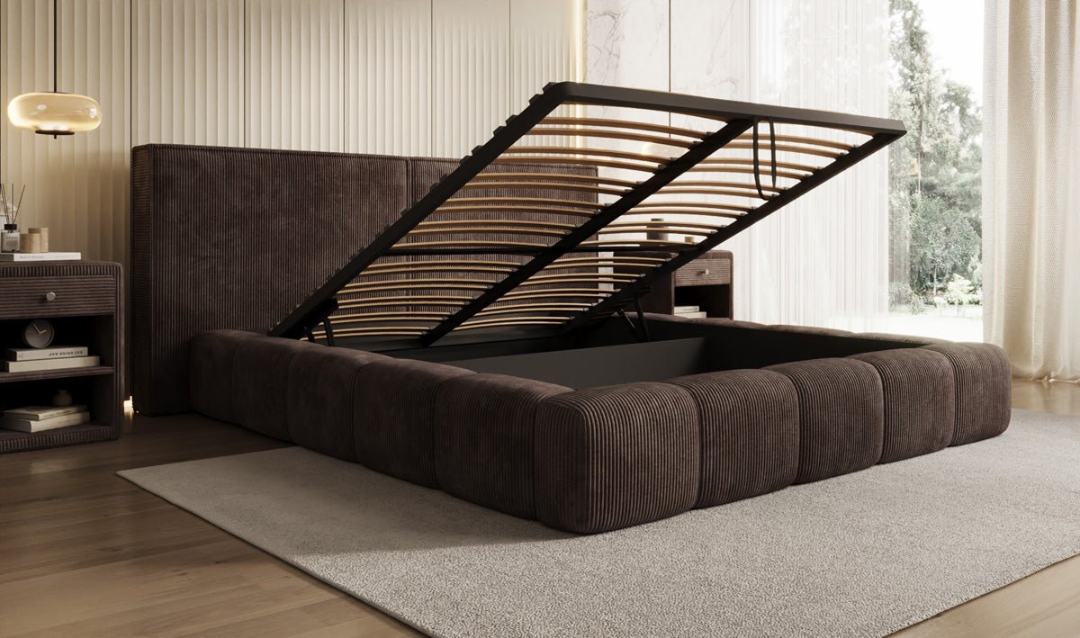 Designer Polsterbett Elise in Cord mit Stauraum