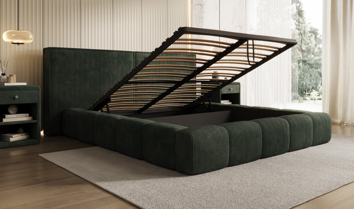 Designer Polsterbett Elise in Cord mit Stauraum