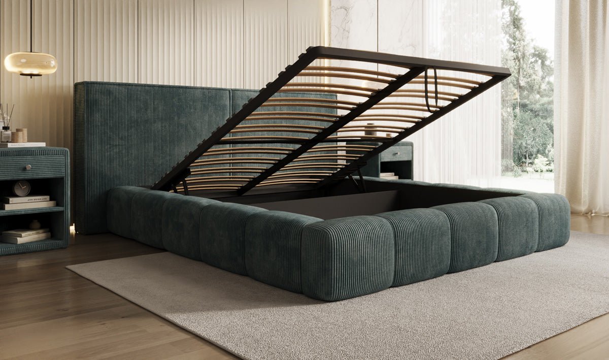 Designer Polsterbett Elise in Cord mit Stauraum