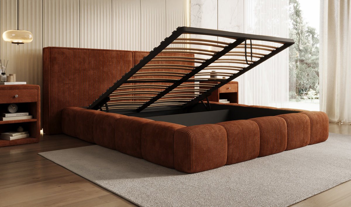 Designer Polsterbett Elise in Cord mit Stauraum