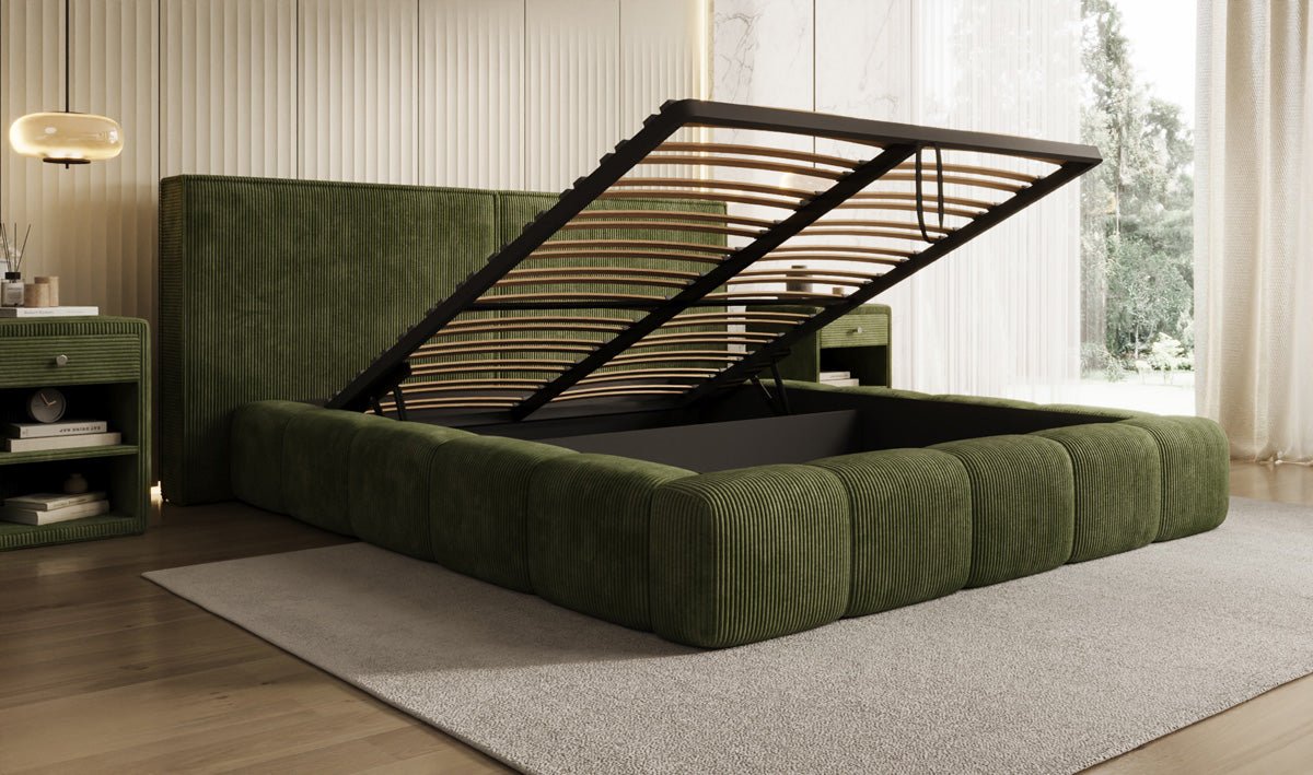 Designer Polsterbett Elise in Cord mit Stauraum