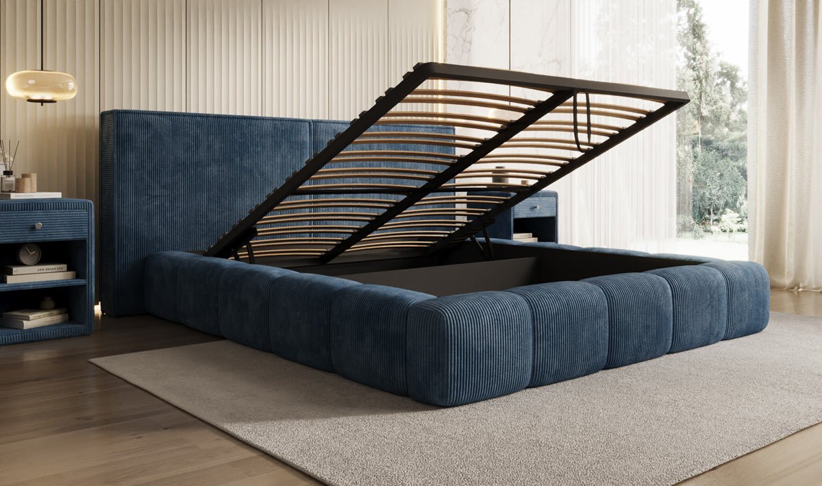 Designer Polsterbett Elise in Cord mit Stauraum