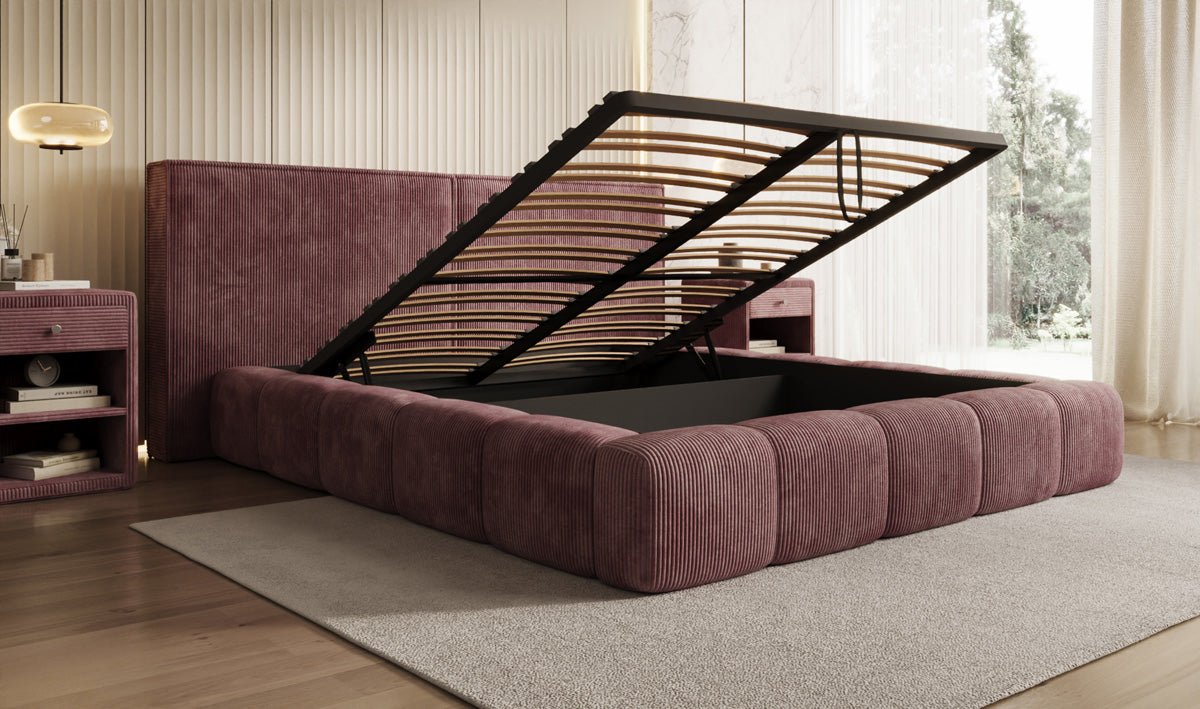 Designer Polsterbett Elise in Cord mit Stauraum