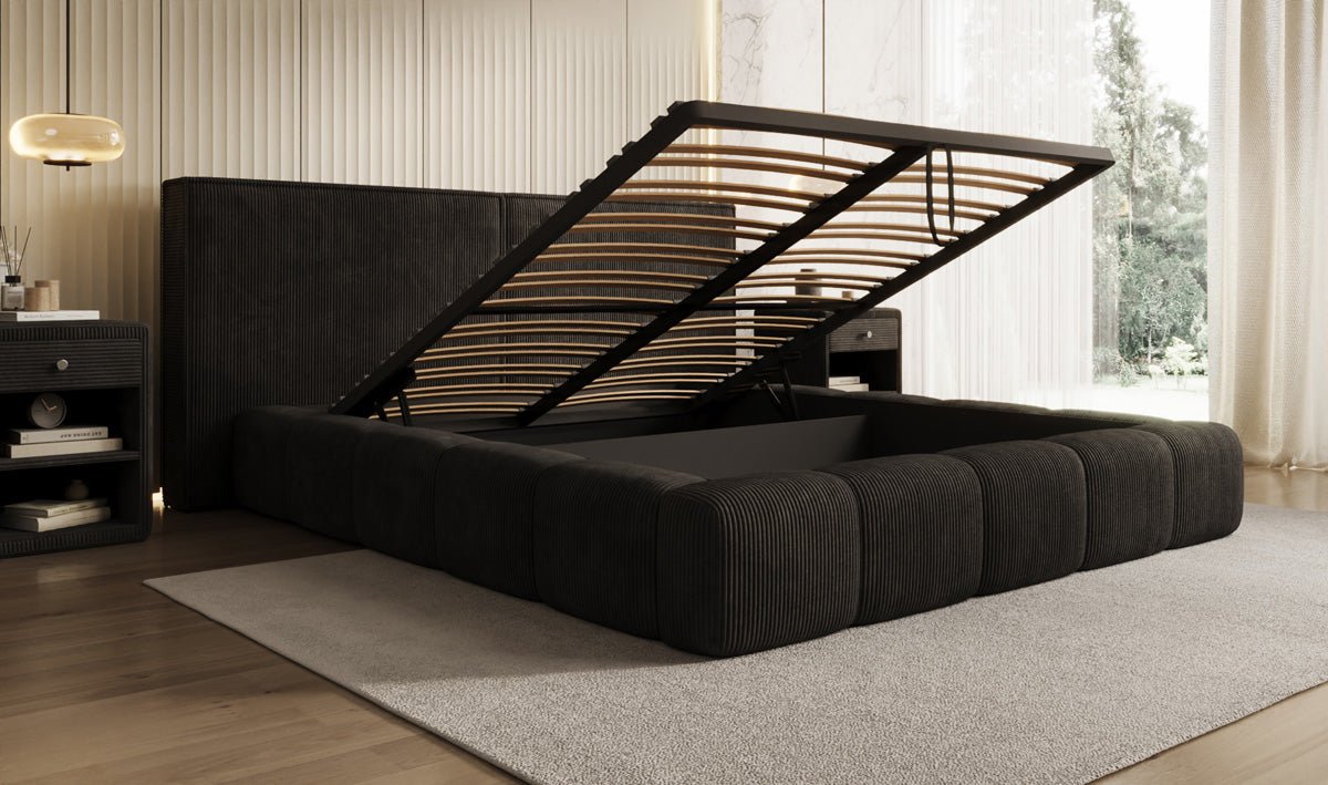 Designer Polsterbett Elise in Cord mit Stauraum