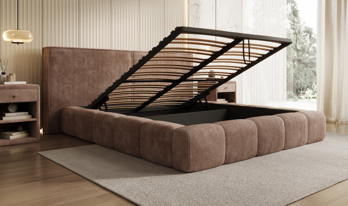 Designer Polsterbett Elise in Cord mit Stauraum