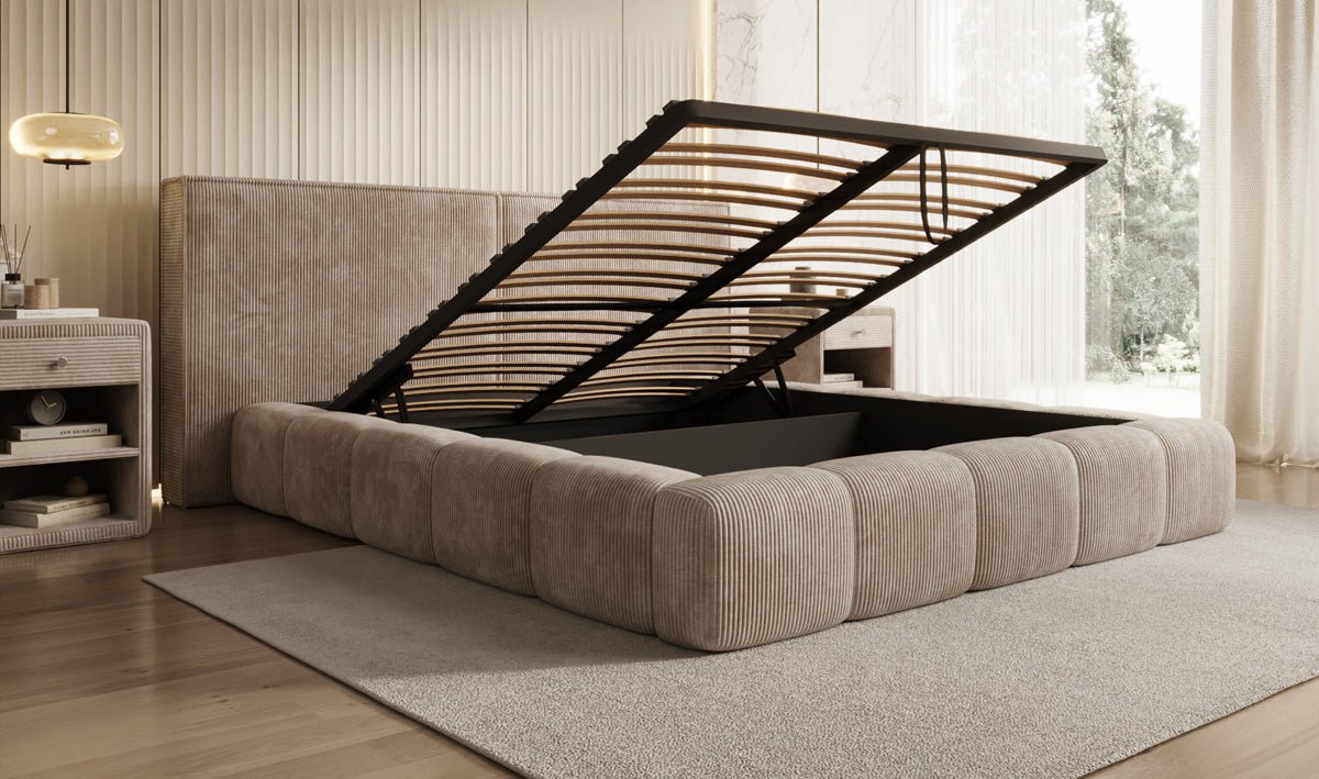 Designer Polsterbett Elise in Cord mit Stauraum