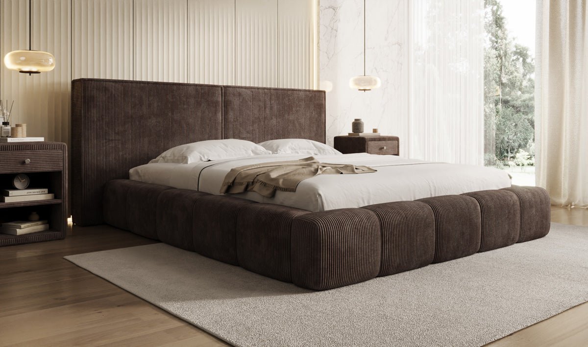 Designer Polsterbett Elise in Cord mit Stauraum