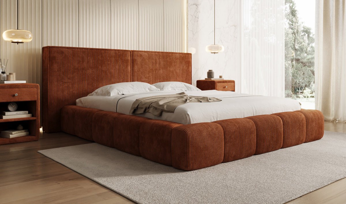 Designer Polsterbett Elise in Cord mit Stauraum