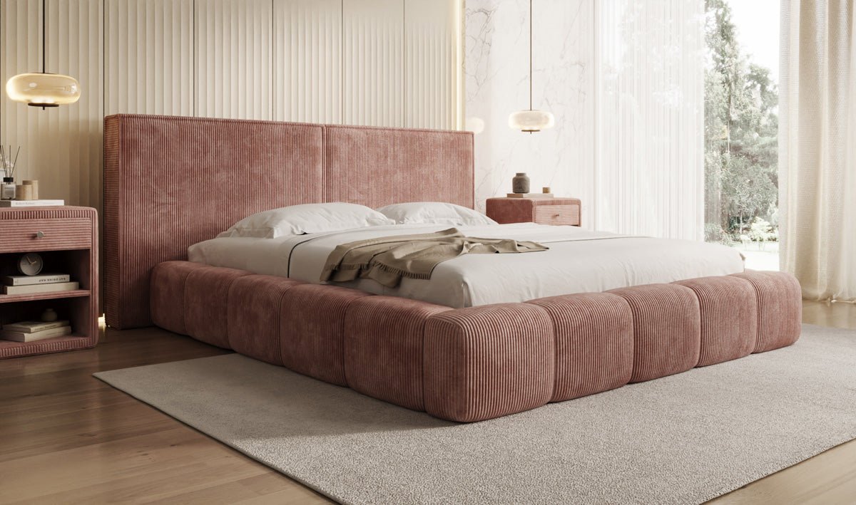 Designer Polsterbett Elise in Cord mit Stauraum