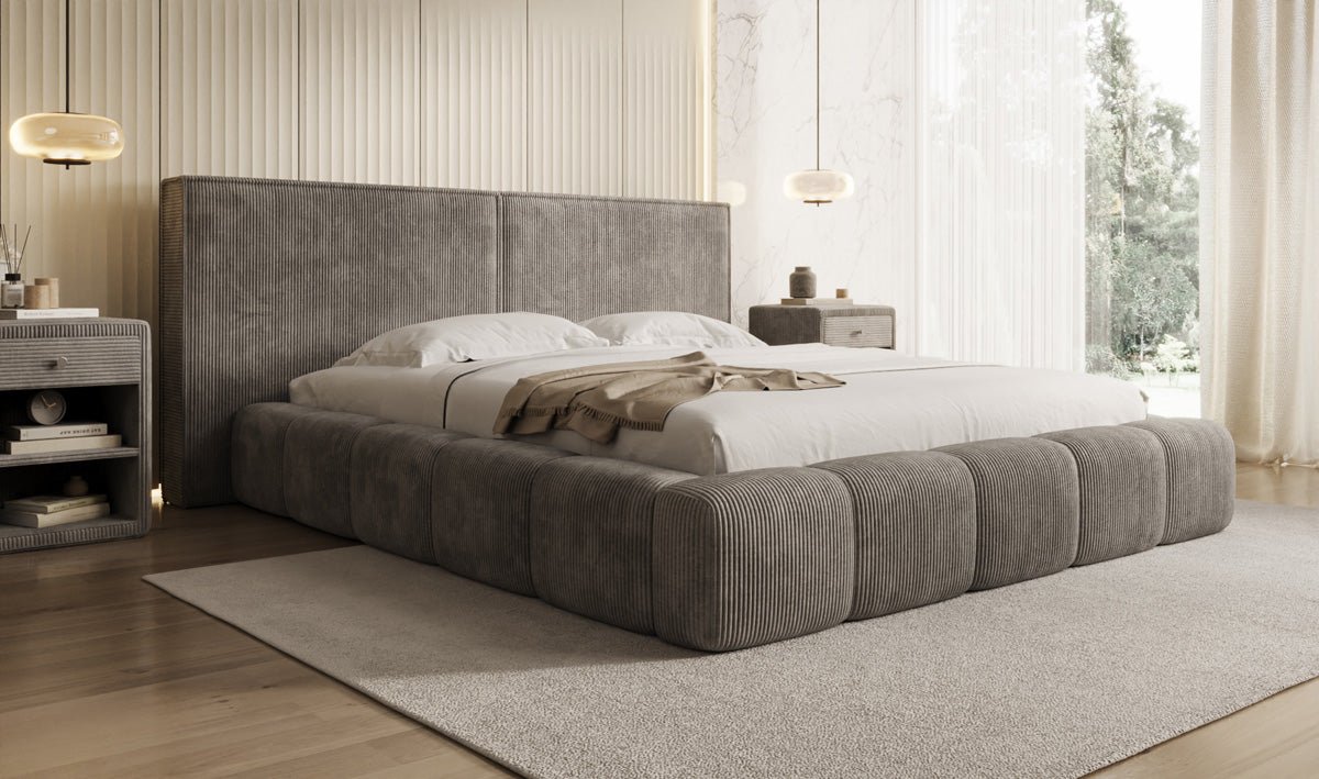 Designer Polsterbett Elise in Cord mit Stauraum
