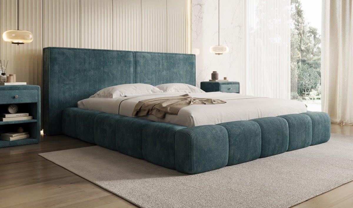 Designer Polsterbett Elise in Cord mit Stauraum