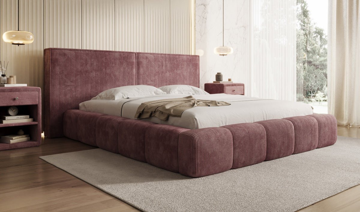 Designer Polsterbett Elise in Cord mit Stauraum