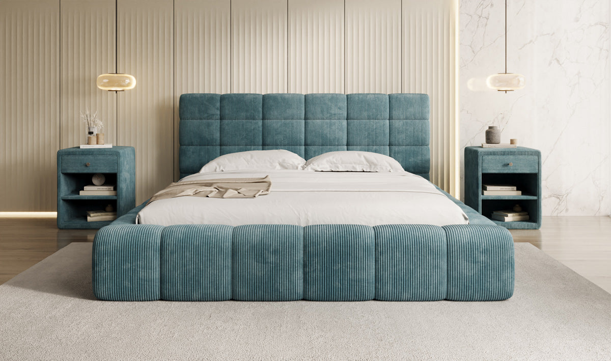 Designer Polsterbett Marshmallow in Cord mit Stauraum