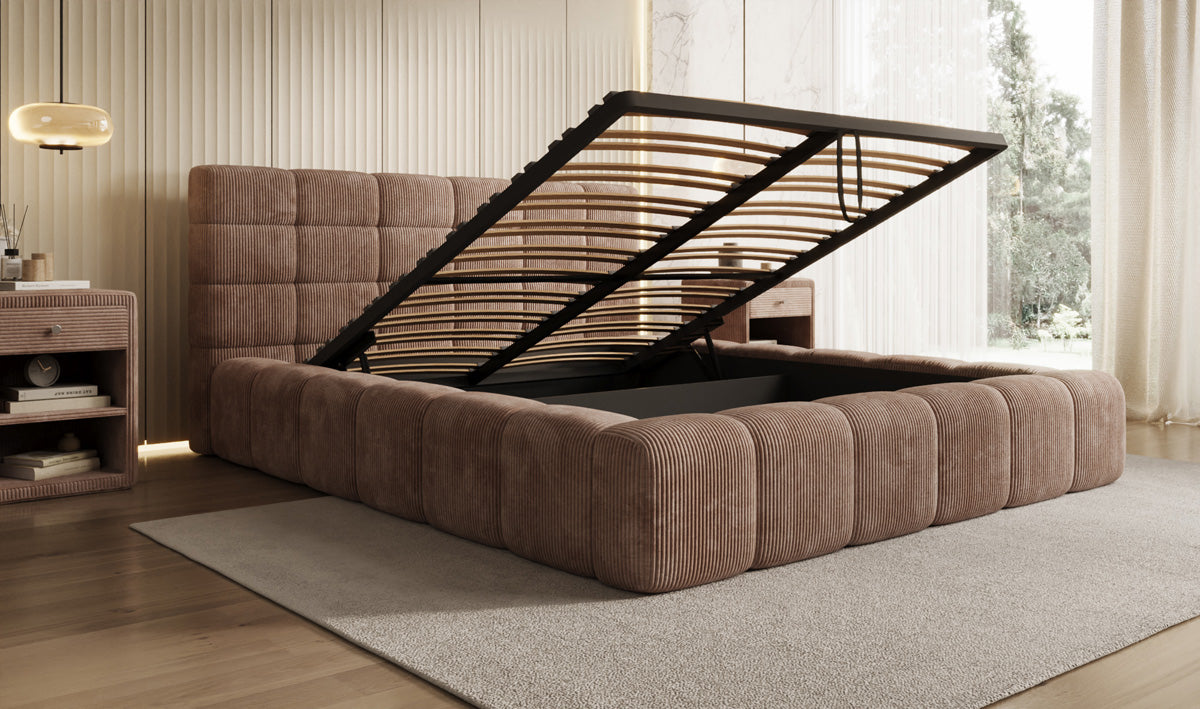 Designer Polsterbett Marshmallow in Cord mit Stauraum