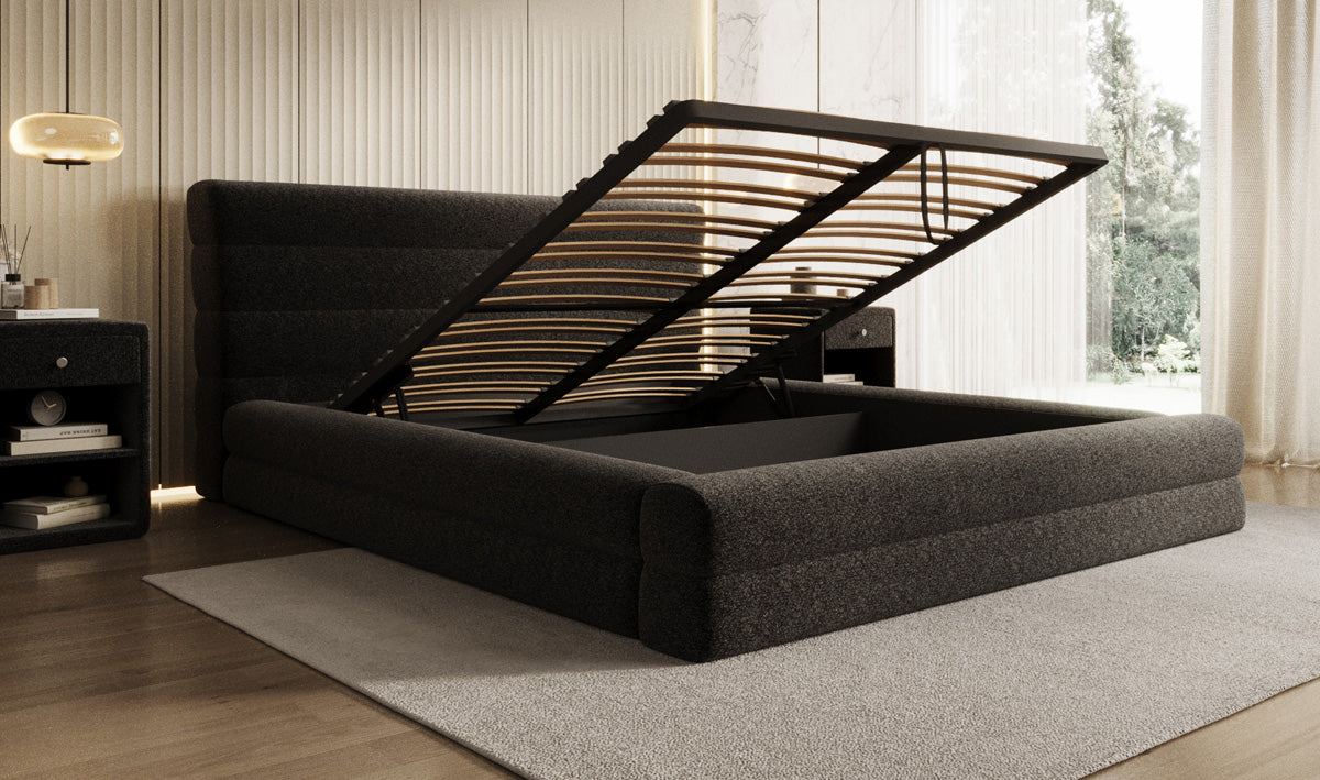 Designer Polsterbett Maren in Strukturstoff mit Stauraum